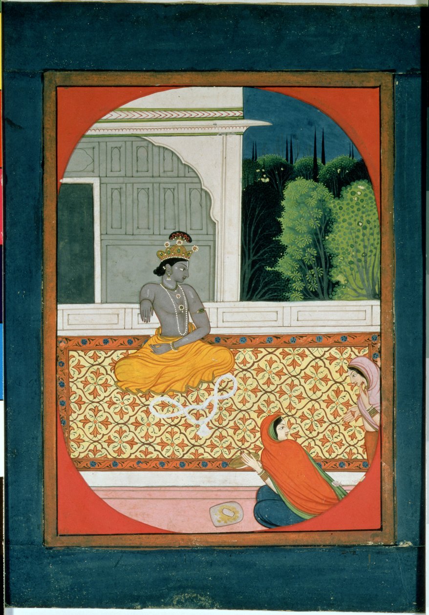 Krishna kasserer sin guirlande; en illustration til Sat Sai fra Bihari Lal, 1800-tallet af Indian School