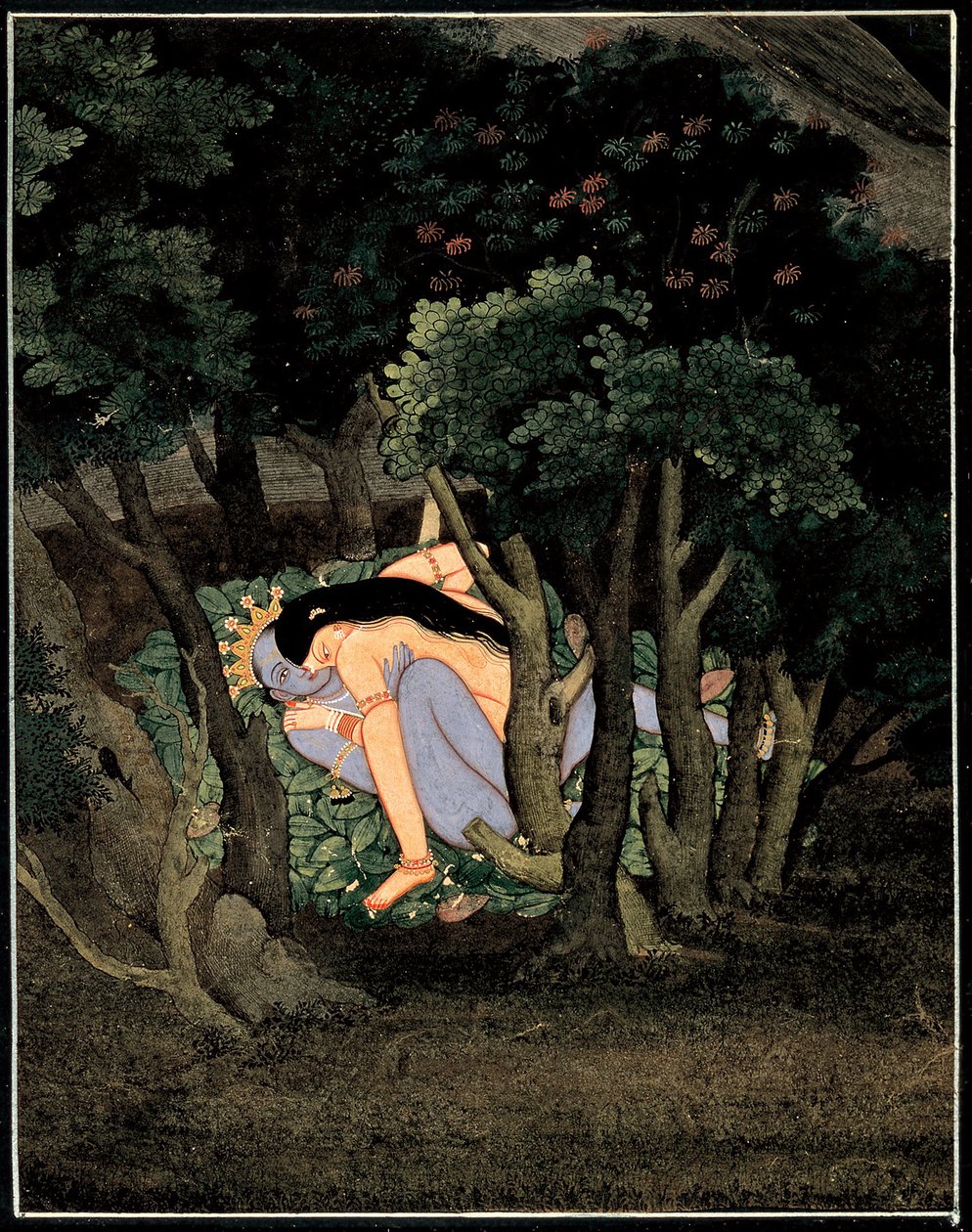 Krishna enlace par Radha (Krishna omfavnet af Radha) - indisk kunst, gouache på papir, omkring 1775 af Indian School
