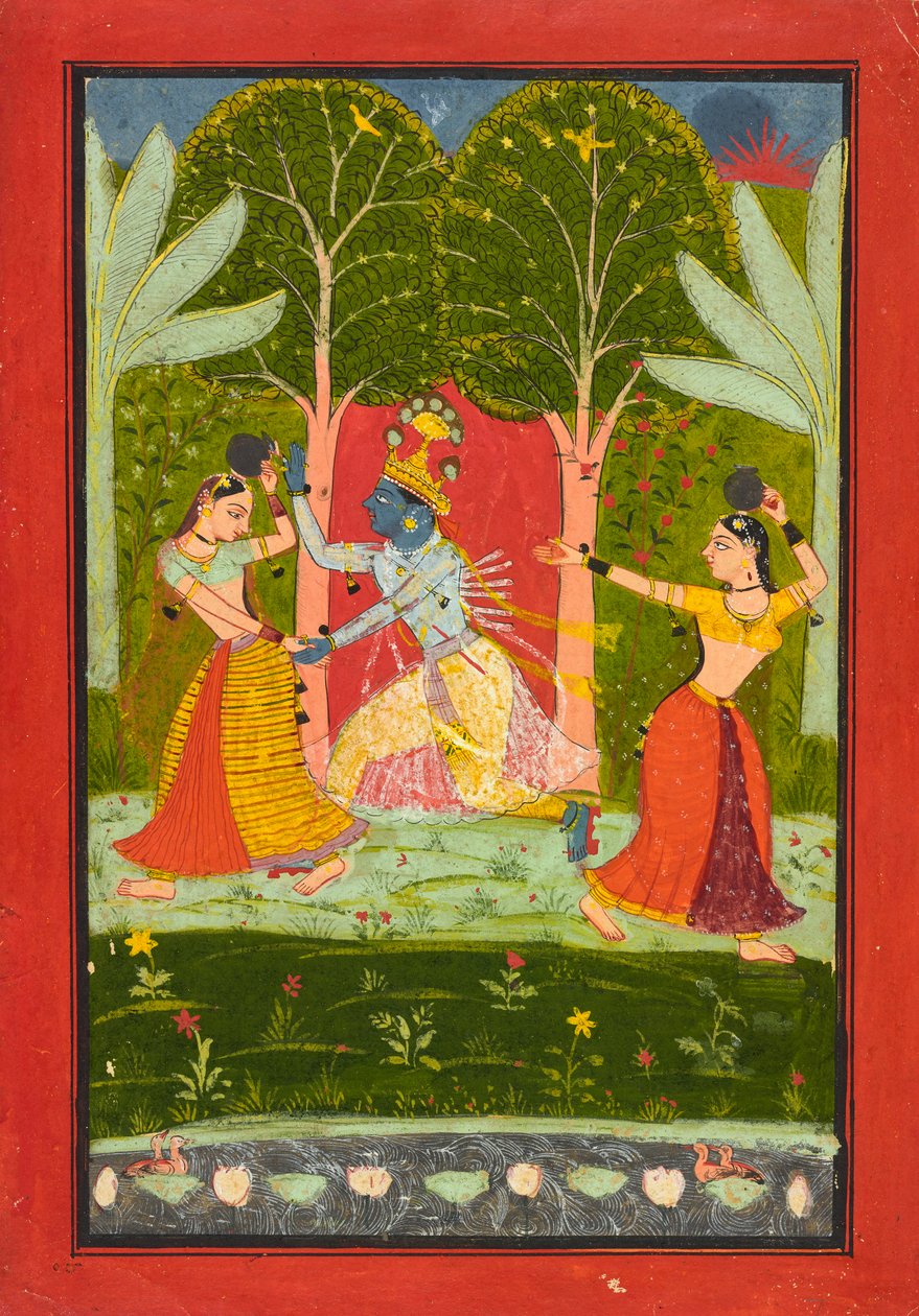 Krishna kræver en vejafgift fra gopierne, ca. 1660 af Indian School