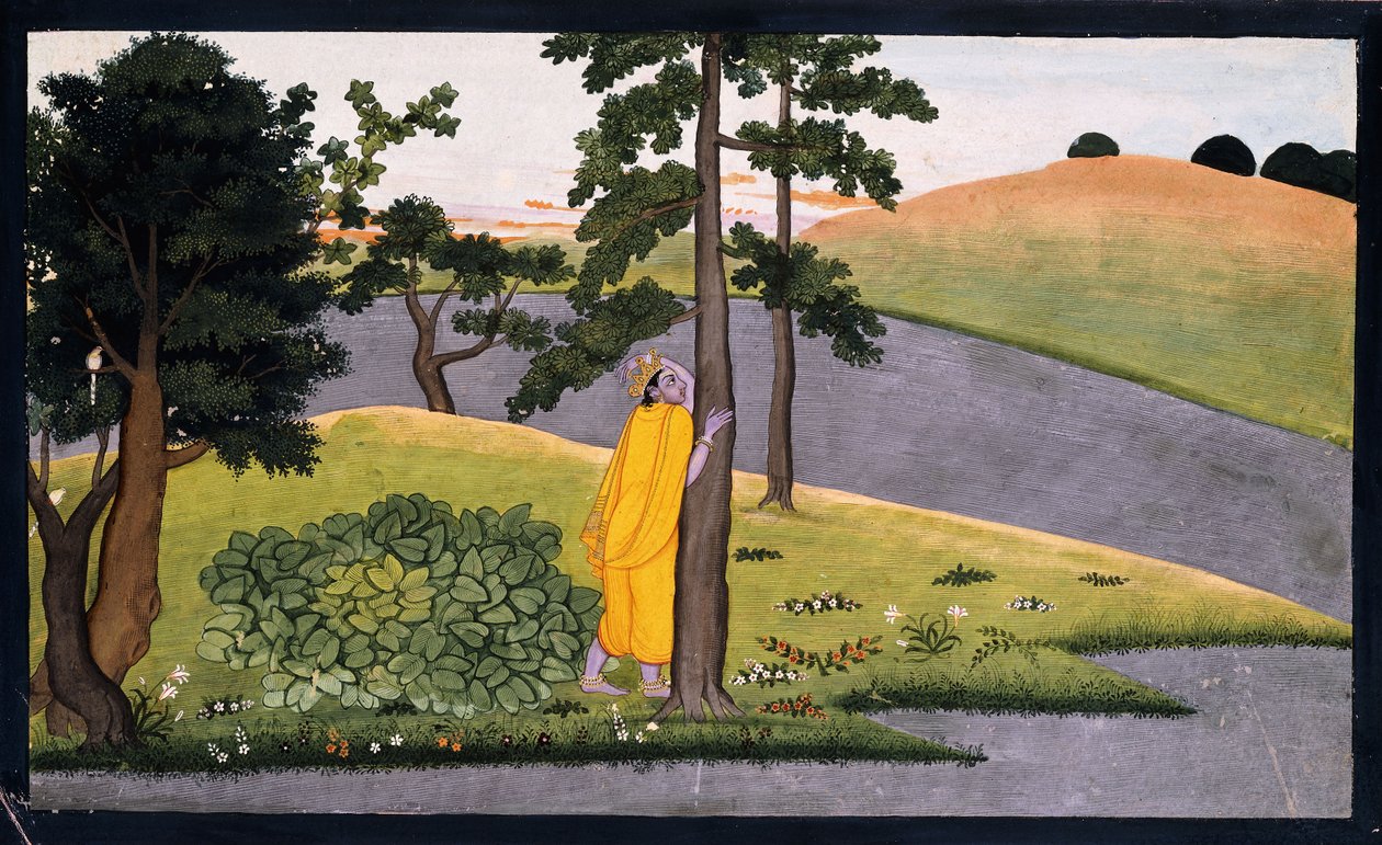 Krishna lænet op ad et træ og afventer Radha, ca. 1780 af Indian School
