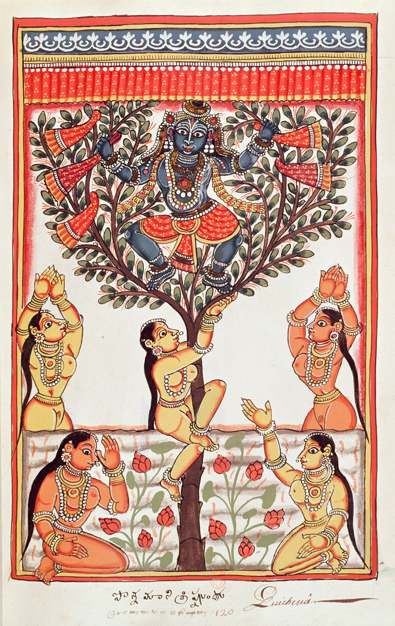 Krishna stjæler tøjet til Gopi, der svømmer i Yamuna-floden (wc på papir) af Indian School