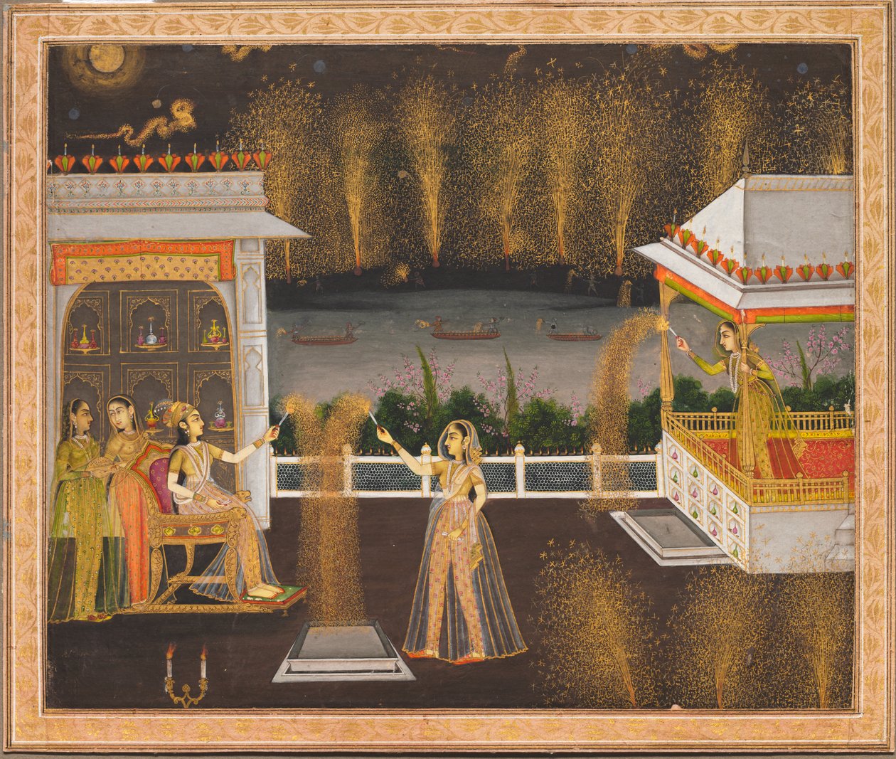 Ladies Celebrating Diwali, ca. 1760 (uigennemsigtig akvarel og guld på papir) af Indian School