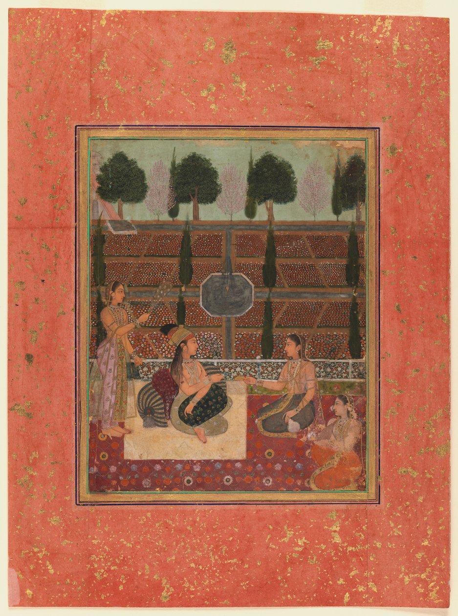 Damer på en terrasse, Mughal Style, ca. 1700-10 (wc på guldfarvet papir) af Indian School