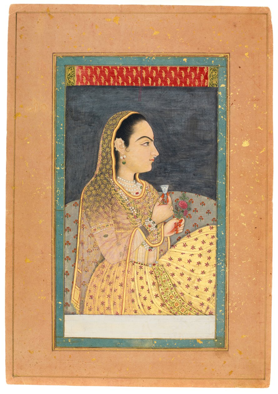 Dame med en kop og en blomst, tidligt 18. århundrede (wc med guld og sølv på papir) af Indian School