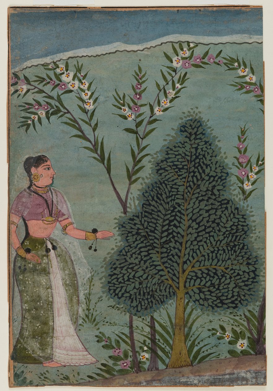 Dame i ørkenen, fragment af en side fra en Bhagavata Purana-serie, ca. 1590-1600 (wc & guld på papir) af Indian School