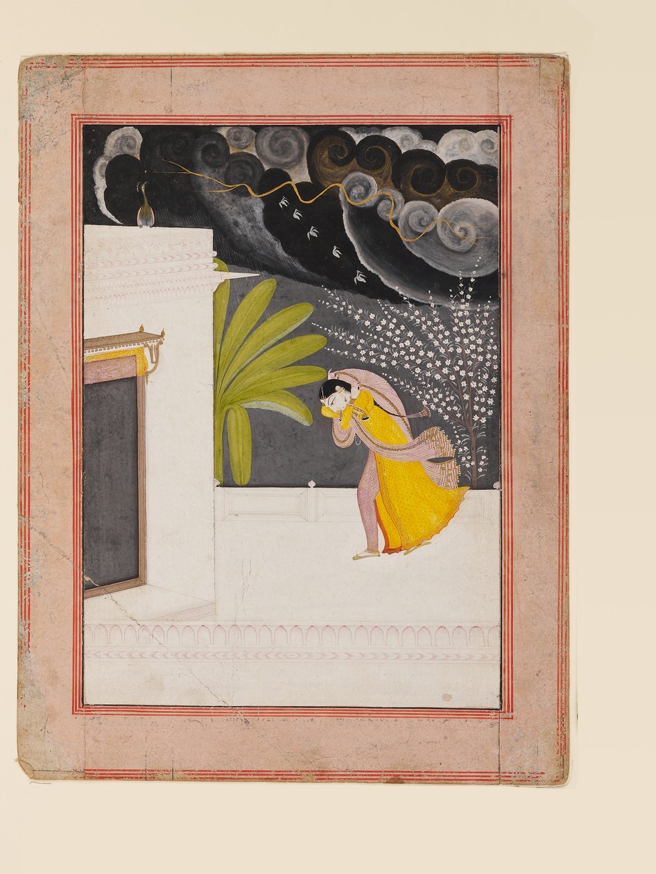 Dame på en terrasse søger ly for regnen, begyndelsen af det 19. århundrede (gouache med guld på papir) af Indian School