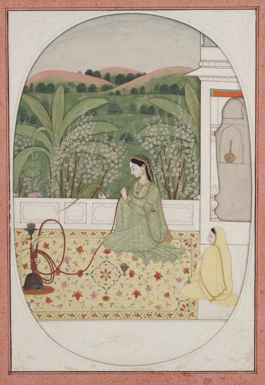 Dame på terrasse med vandpibe, ca. 1770 (gouache og guld på papir) af Indian School