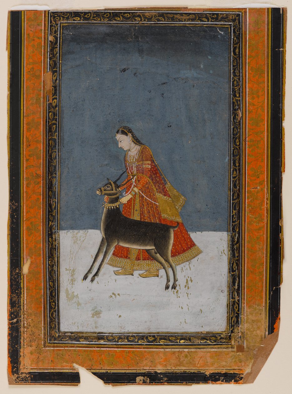 Dame med sort buk, ca. 1750 (wc & guld på papir) af Indian School