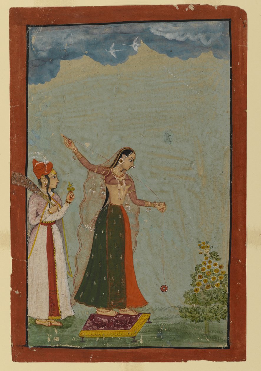 Dame med en yo-yo, ca. 1770 (ugennemsigtigt wc & guld på papir) af Indian School