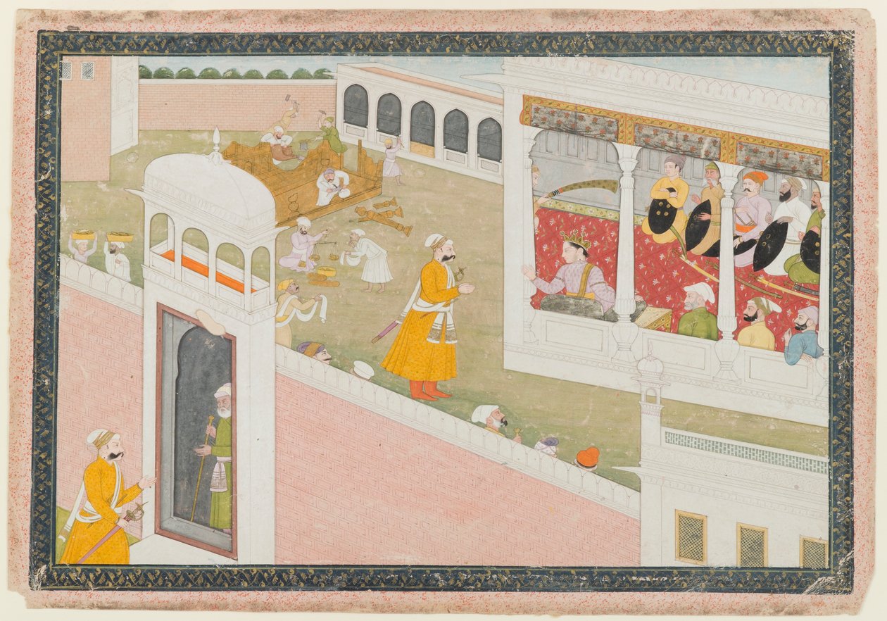 Blad fra a Dispersed Hamir Hath Series, 1800-1810 (ugennemsigtigt wc & guld på papir) af Indian School