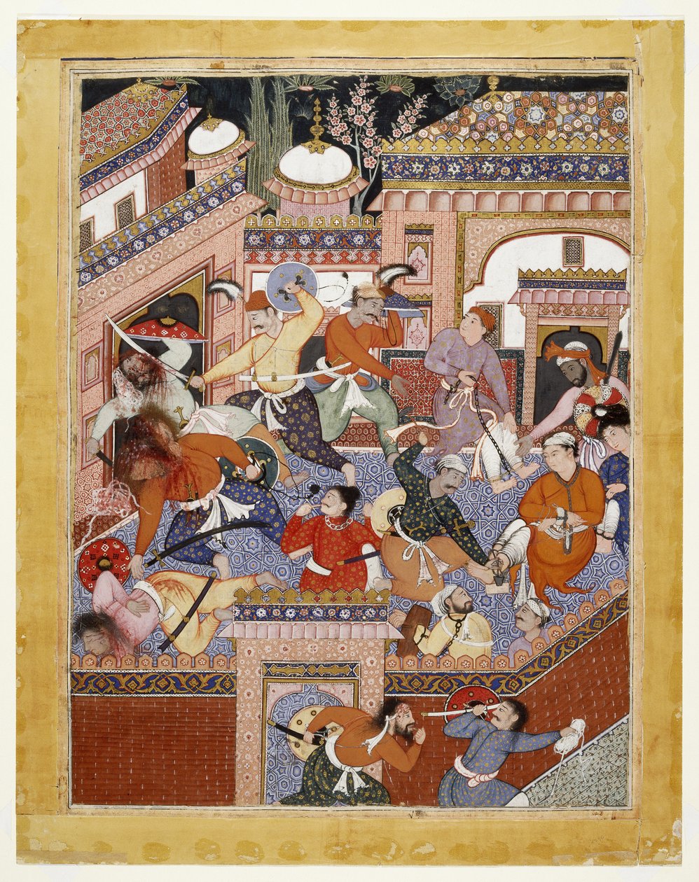 Anført af Songhur Balkhi og Lulu spionen, skar ayyarerne struben over fængselsvogterne og Free Said Farrukh-Nizhad, 1557 - 1572 (ugennemsigtig akvarel og guld på bomuldsklud) af Indian School