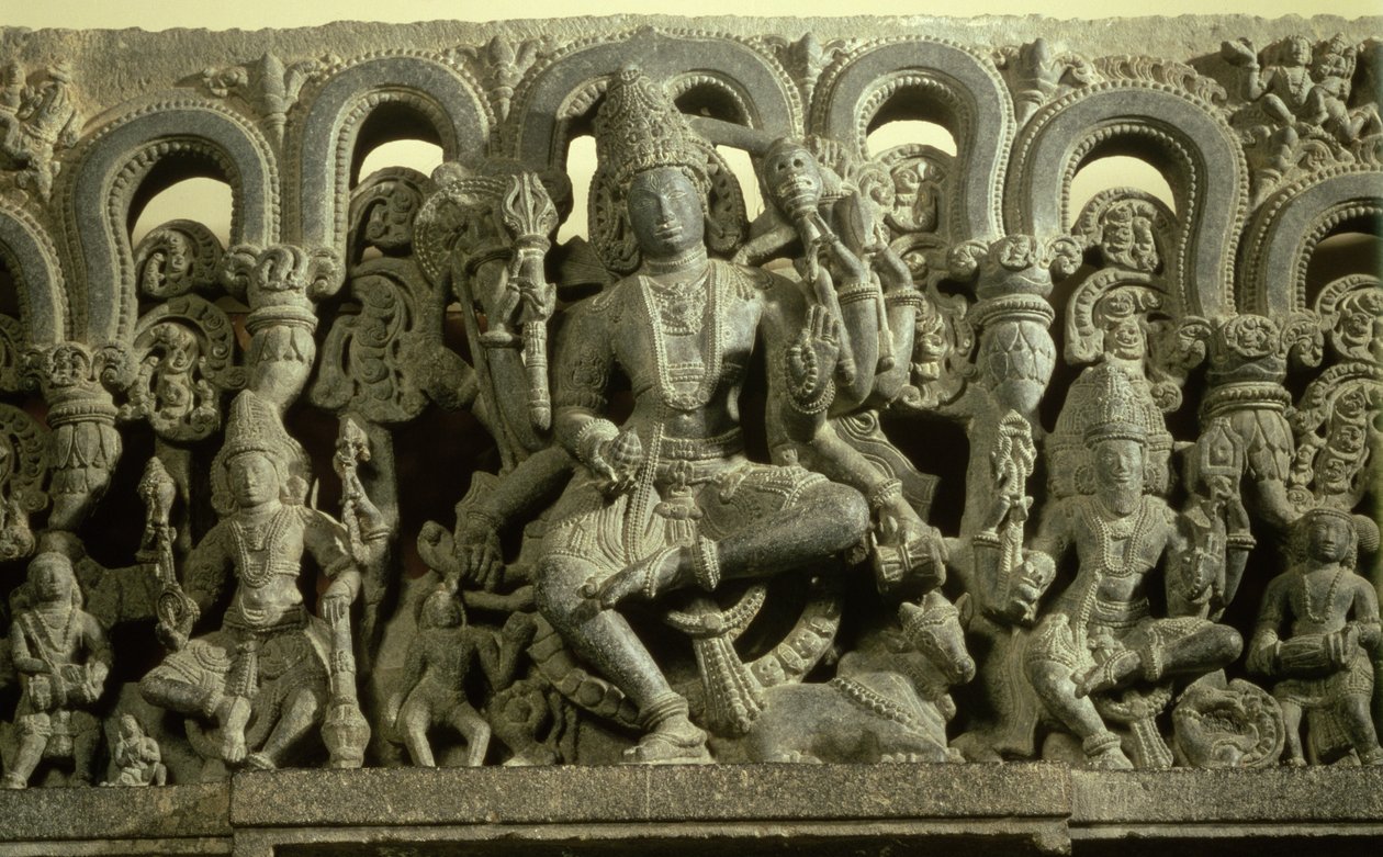 Overligger, der afbilder Treenigheden: Siva, Brahma og Vishnu, Warangal, Kakatiya af Indian School