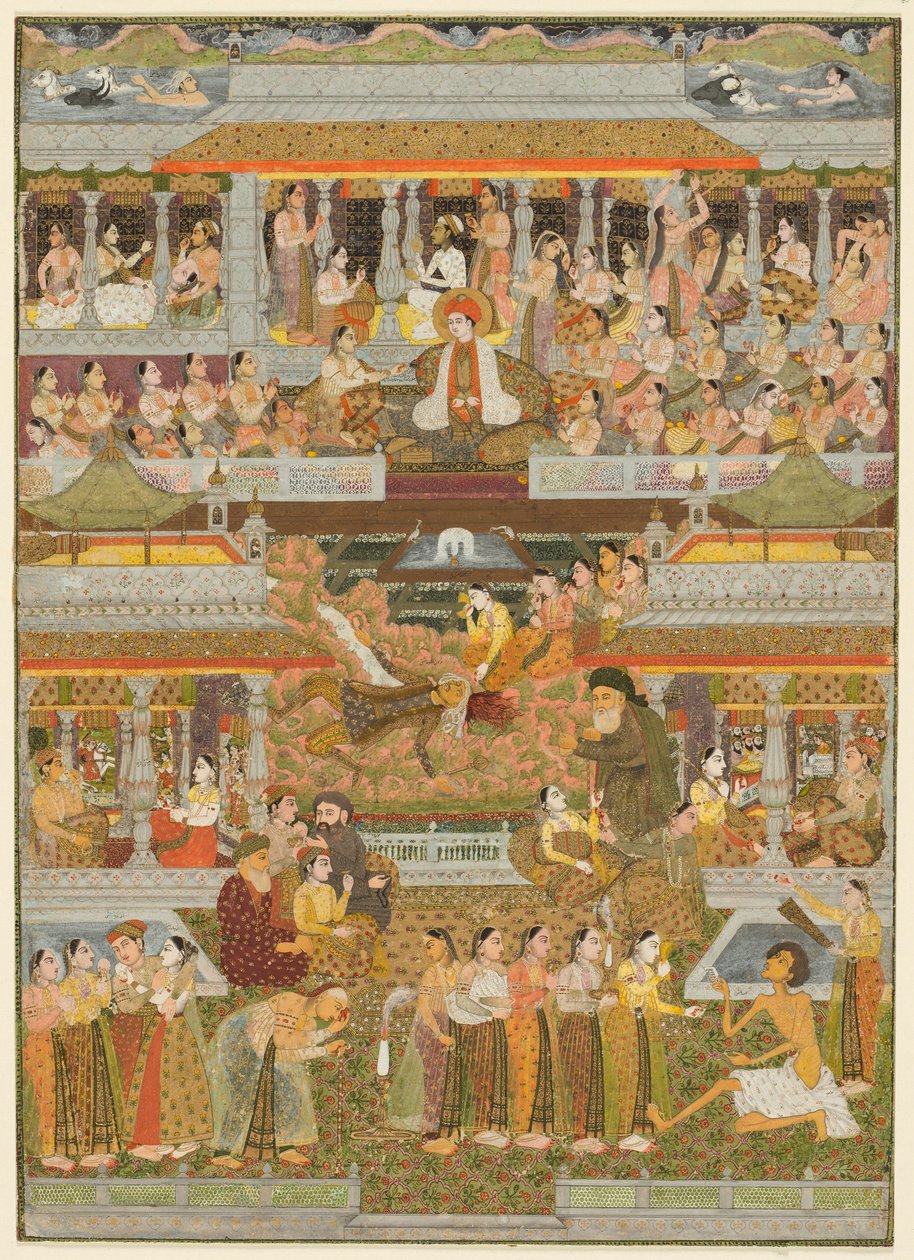 Elskere og elskede: En sammensætning af scener fra persisk, urdu og sanskritlitteratur, ca. 1735 (ugennemsigtig akvarel med guld på papir) af Indian School