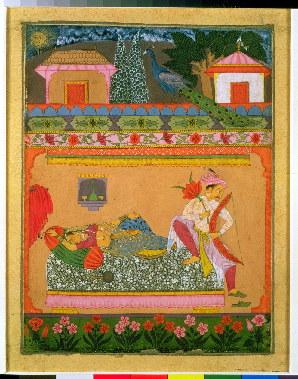 Lovers at Daybreak, illustration af den musikalske mode Raga Vibhasa, Northern Deccan eller Southern Rajasthan, ca. 1675 (gouache med sølv og guld på papir) af Indian School