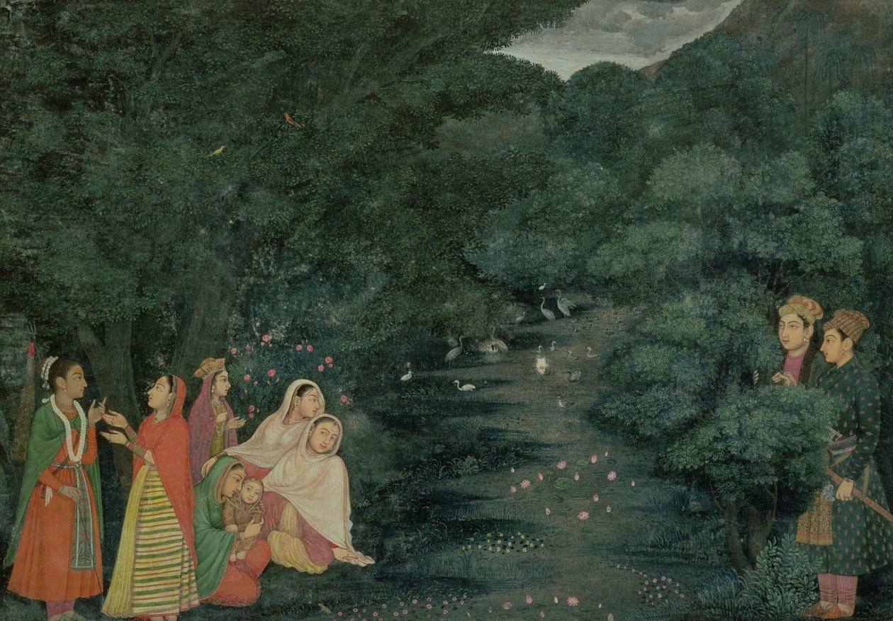 MS 34.17 Kvinder og et barn ved en å i en skov om natten, overvåget af to adelsmænd, Lucknow, School of Mihr Chand, ca. 1760, (gouache på papir med mønstret kant) af Indian School