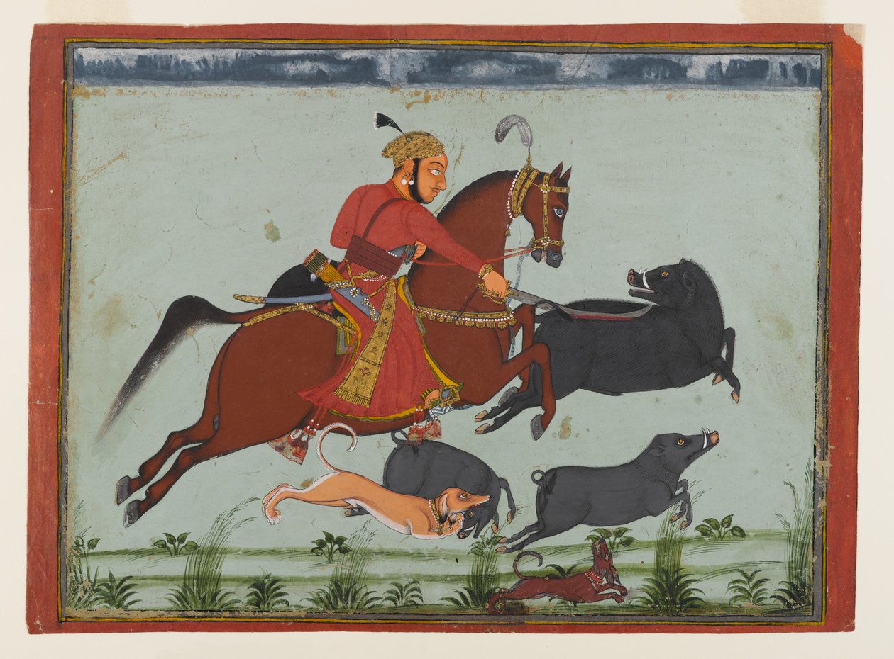 Maharaja Pratap Singh II af Mewar Hunting Boar, ca. 1750-75 (akvarel, guld og sølv på papir) af Indian School
