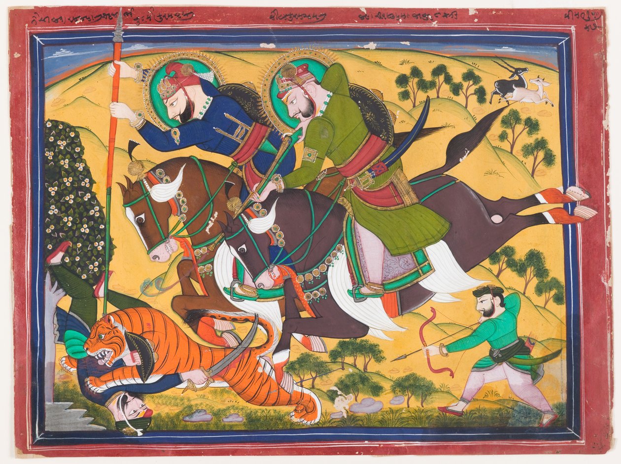 Maharaja Ram Singh på jagt efter en tiger, anden fjerdedel af det 19. århundrede (akvarel på papir) af Indian School
