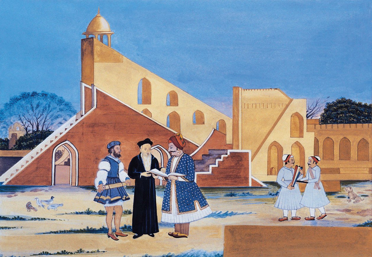 Maharaja Sawai Jai Singh II-maleri, Jantar Mantar, Jaipur, Rajasthan, Indien (akvarel på papir) af Indian School