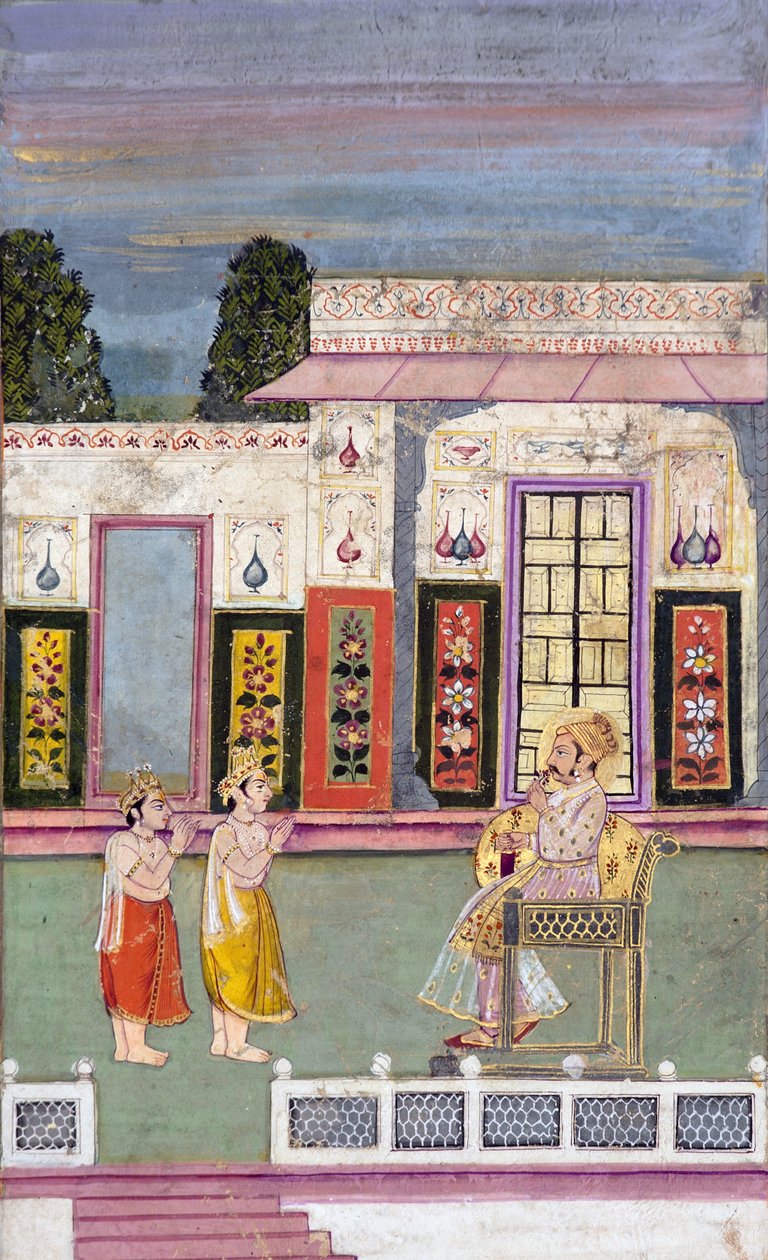 Maharaja Sawai Jai Singh mødt af to kronede mænd, ca. 1735 (ugennemsigtigt wc & guld på papir) af Indian School