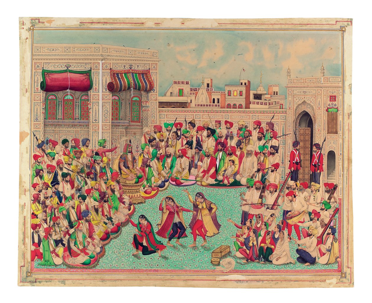 Maharaja Sher Singh og ledsagere ser en danseforestilling, ca. 1850 (ugennemsigtig akvarel og guld på papir) af Indian School