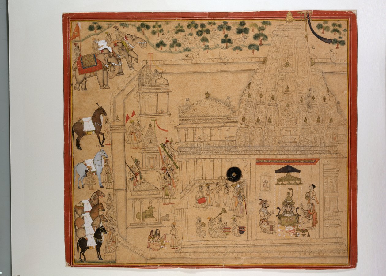 Maharana Amar Singh af Mewar ved Eklingji-templet, ca. 1695 (gouache med guld og sølv på papir) af Indian School