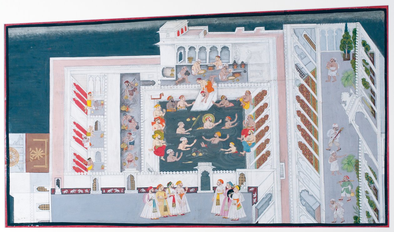 Maharana Jagat Singh II boltrer sig i en paladsbassin, ca. 1746-50 (ugennemsigtigt wc & guld på papir) af Indian School
