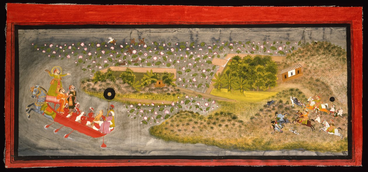 Maharana Jagat Singh II hawking og ornejagt, ca. 1740 (ugennemsigtig w/c, sølv og guld på papir, monteret på en albumside) af Indian School