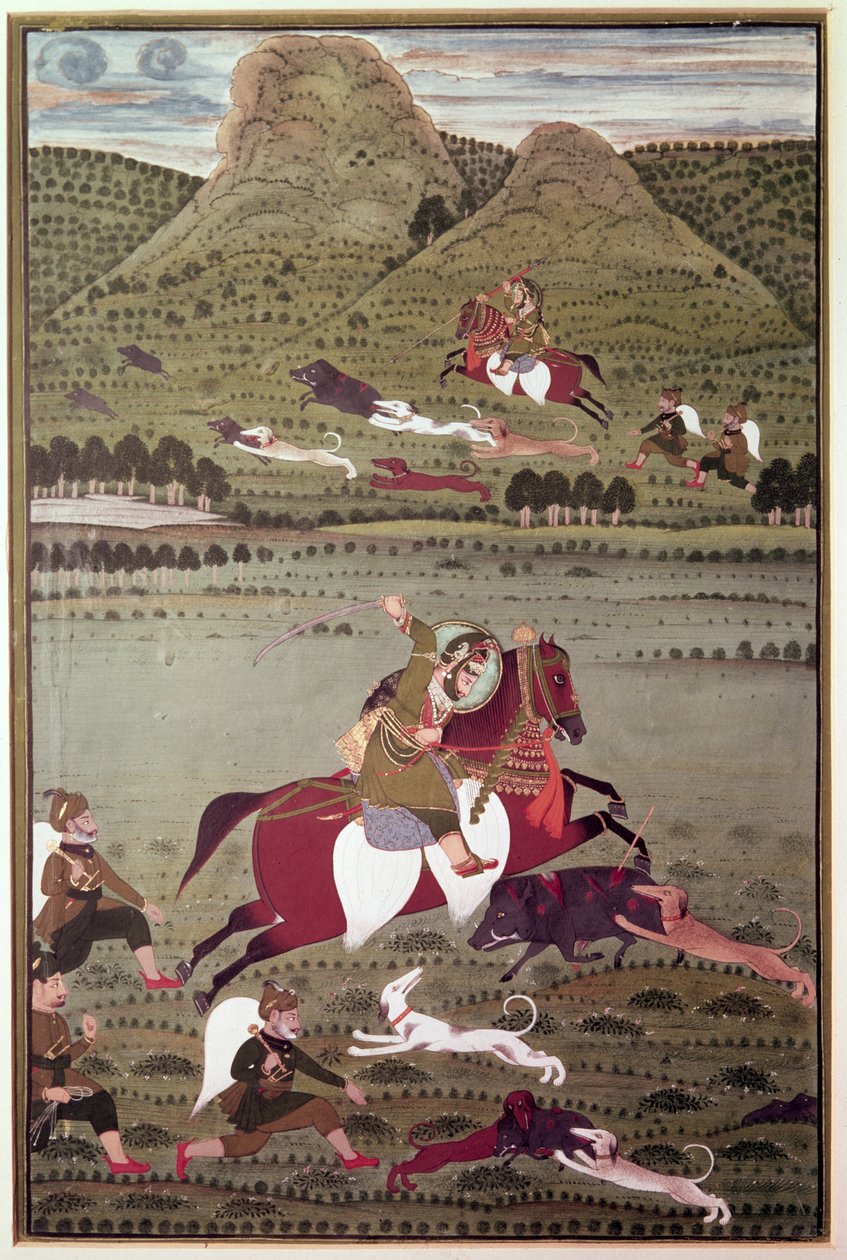 Maharana Jawan Singh (Reg. 1828-38) fra Mewer Hunting Wild Bore, Udaipur af Indian School
