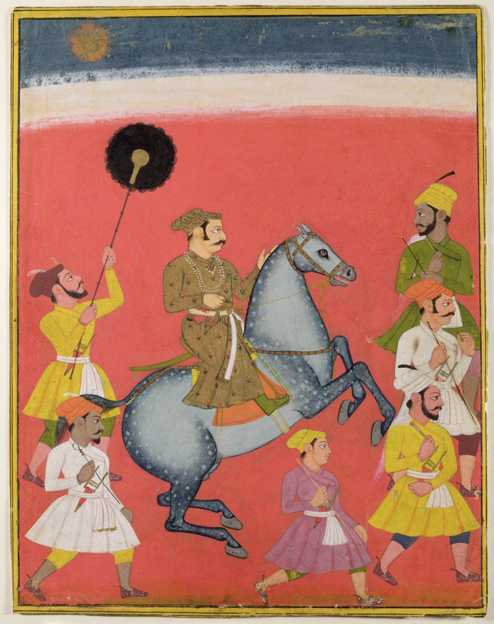 Maharana Raj Singh I af Mewar (reg. 1652-80) Riding, Udaipur (Mewar) Rajasthan, ca. 1670 (gouache med guld på papir) af Indian School