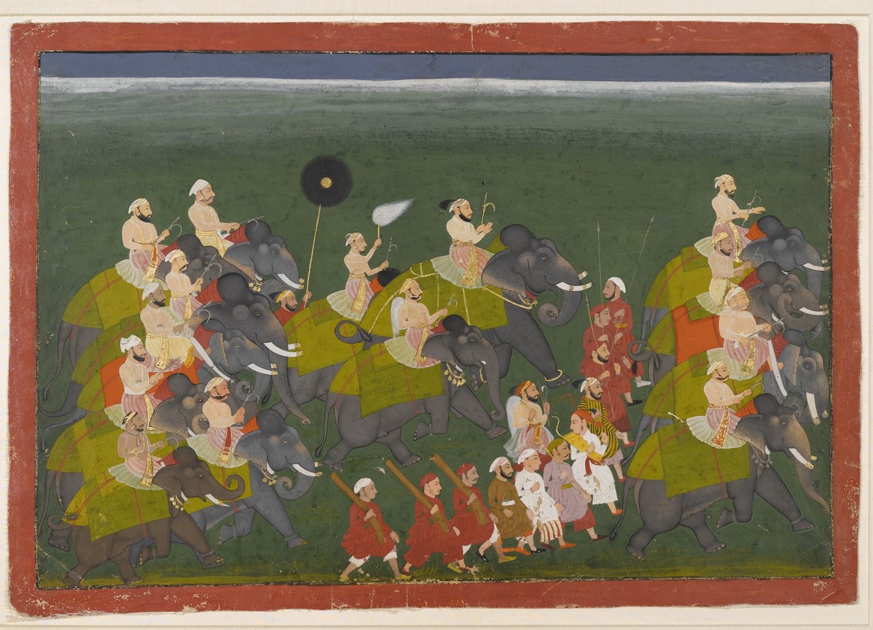 Maharana Sangram Singh af Mewar rider i et elefantoptog, Udaipur, Rajasthan, ca. 1730-40 (ugennemsigtigt wc & guld på papir) af Indian School