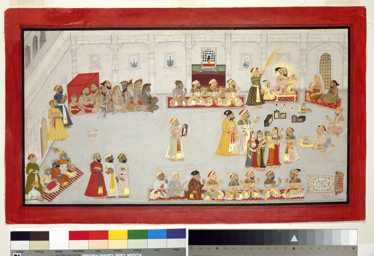 Maharana Sangram Singh with His Children and Courtiers, ca. 1715 (ugennemsigtigt wc & guld på papir, monteret på en albumside) af Indian School
