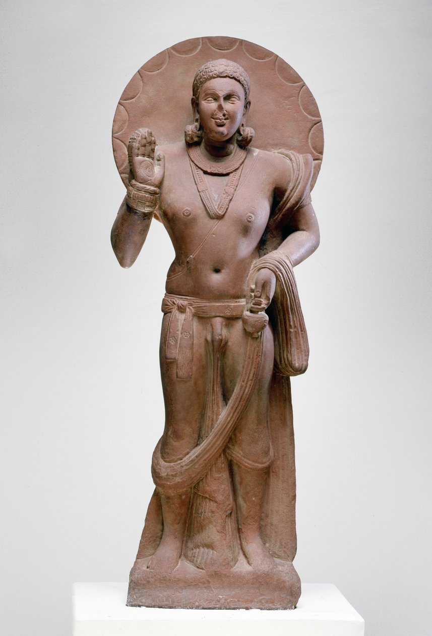 Maitreya, en fremtidig Buddha, Ramnagar-kultur, fra Ahichatra, Uttar Pradesh, 200 AD (rød sandsten) af Indian School