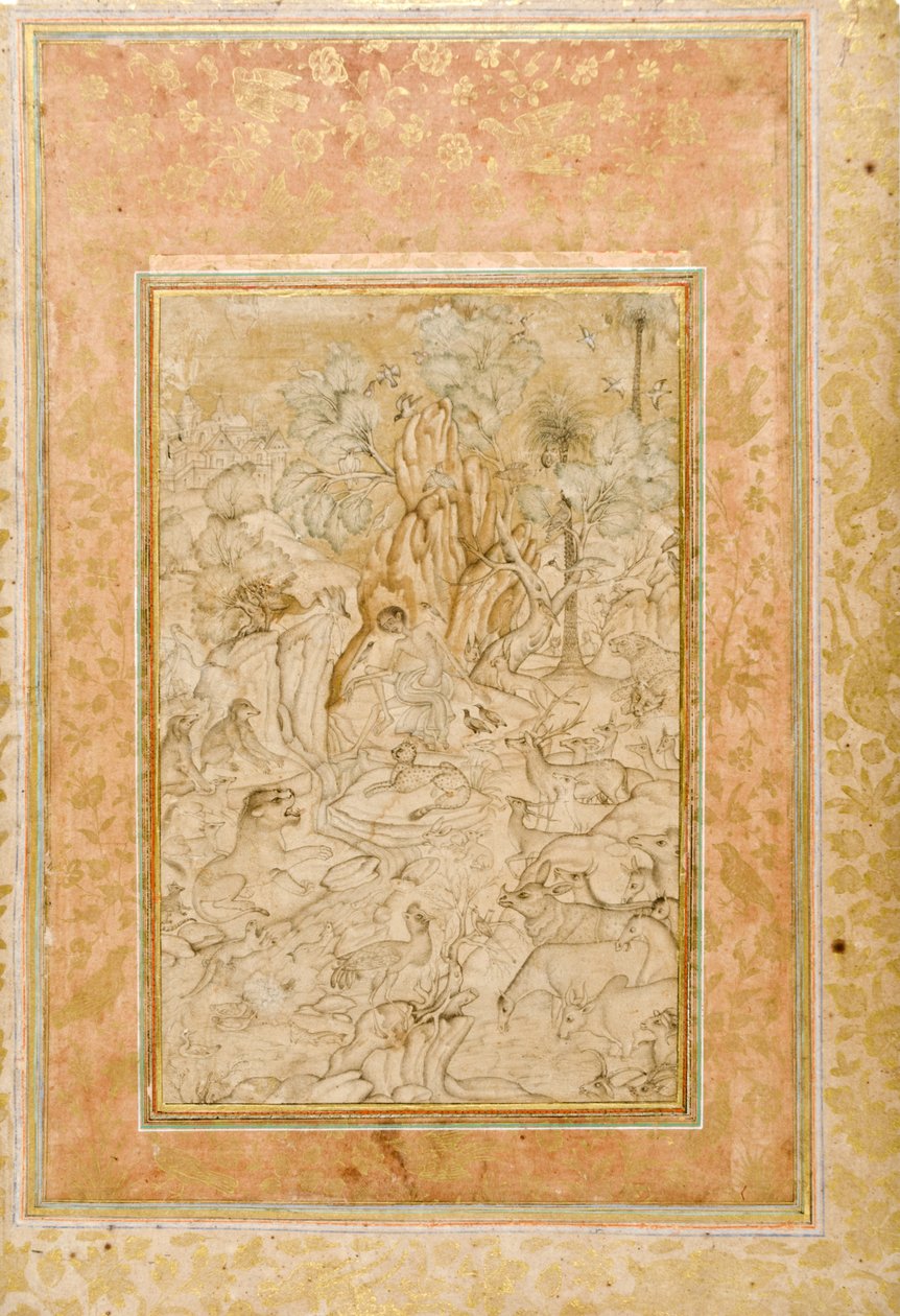 Majnun i ørkenen, ca. 1595 (ugennemsigtigt wc & guld på papir) af Indian School