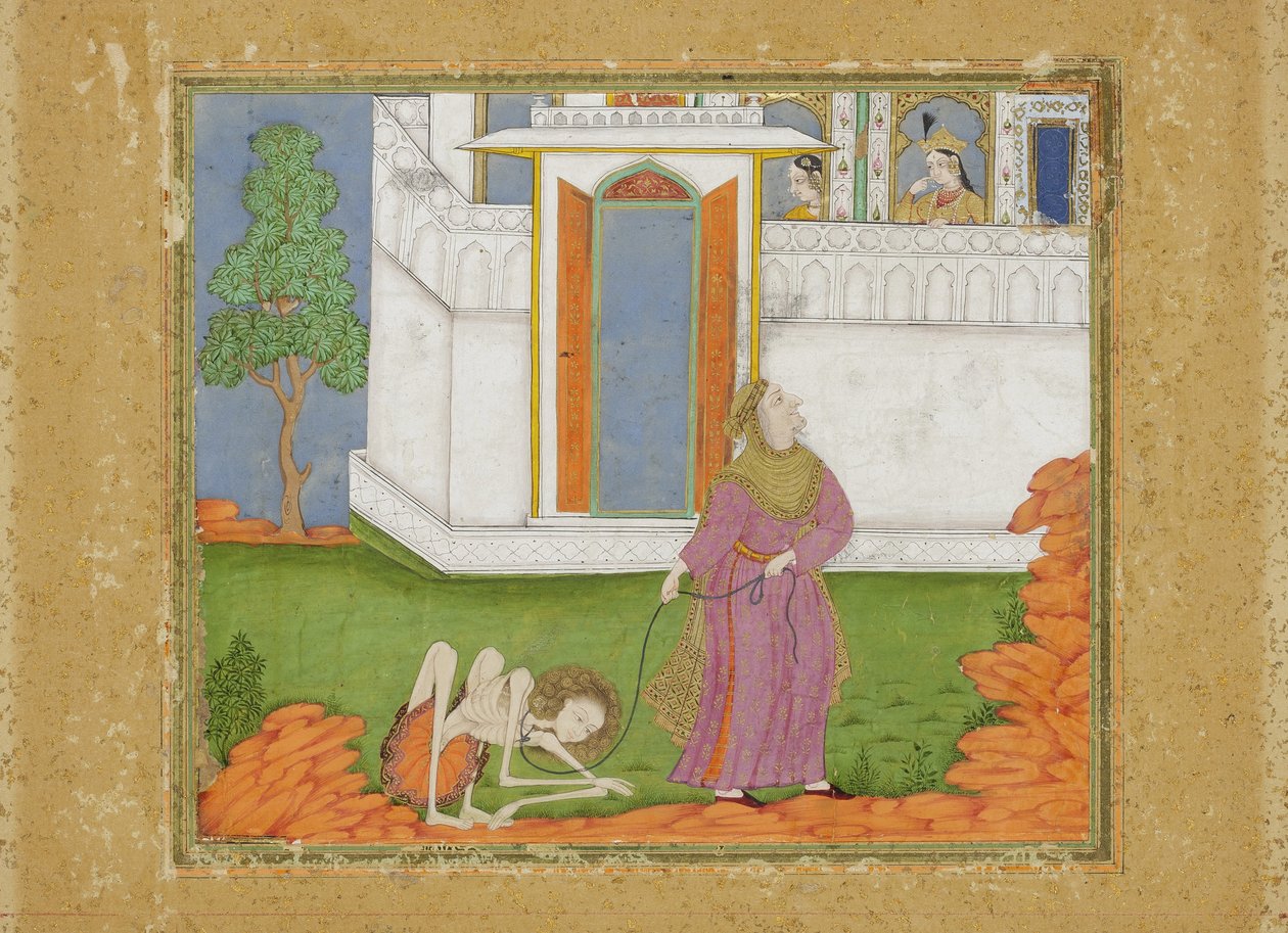 Majnun er reduceret til en abjekt tilstand, ca. 1700 (ugennemsigtig wc & guld på papir) af Indian School