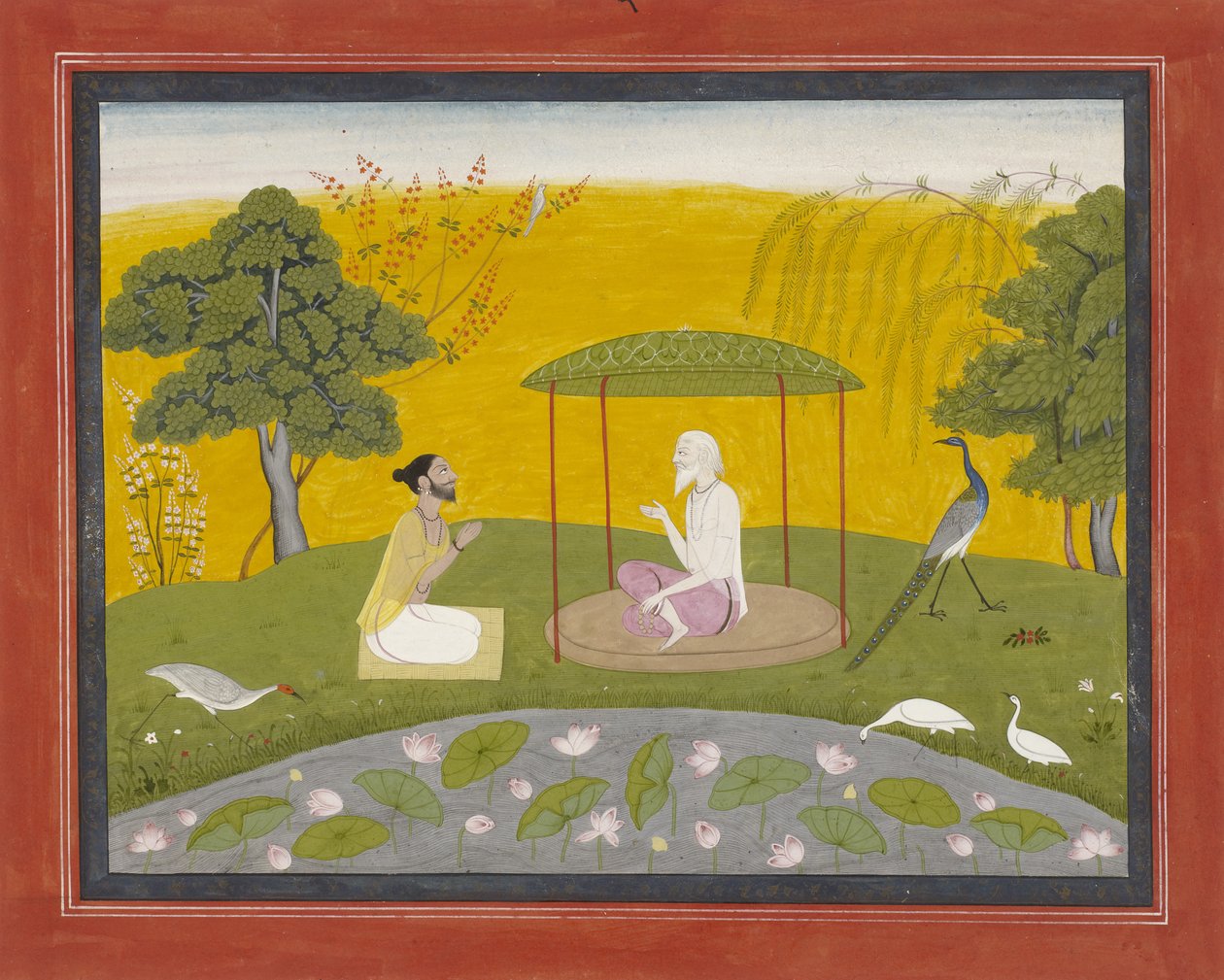 Markandeya henviser Jaimuni til de fire vise fugle, ca. 1800-20 (ugennemsigtigt wc på papir, forhøjet med guld) af Indian School