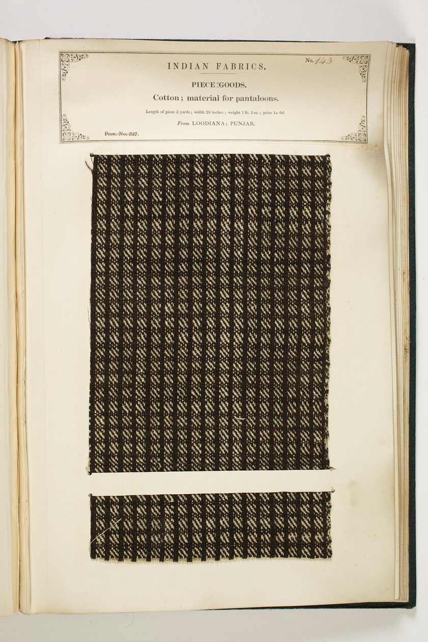 Materiale til Pantaloons, Loodiana, Punjab, stykkevarer, fra The Collection of the Textile Manufacturers of India, af John Forbes Watson, udgivet i 1866 af Indian School