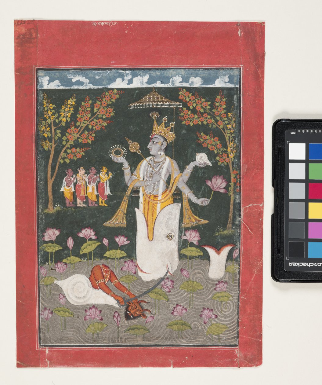 Matsya Avatar Of Vishnu: The Slaying Of Sankh Asura (gouache og bladguld på papir) af Indian School