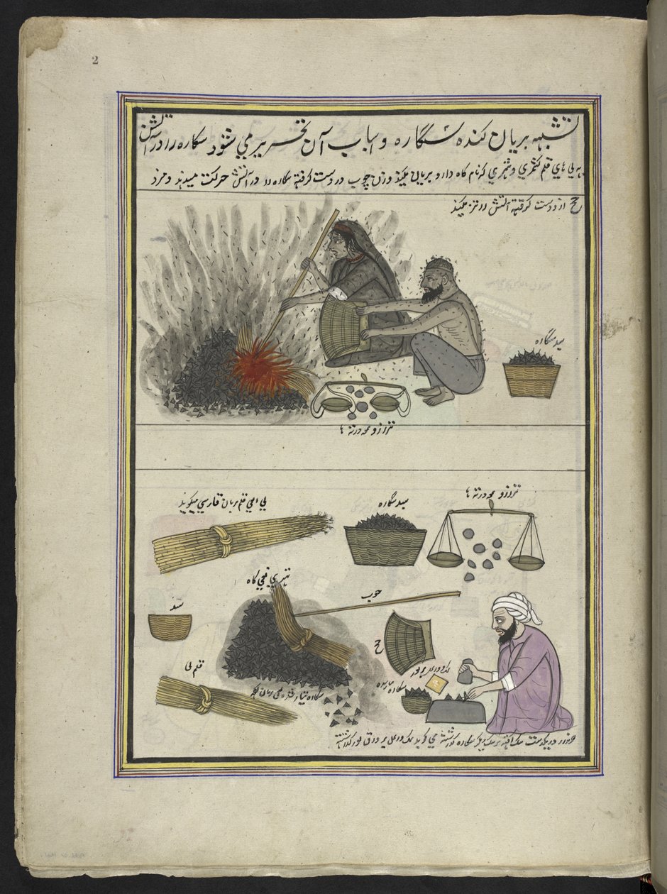 Mænd og kvinder rister vandkastanjer,  86 tegninger indbundet i et bind, der viser håndværk og erhverv i Kashmir, håndværkere vises i arbejde med deres redskaber og udstyr,  Af en Kashmir-kunstner, sandsynligvis i Srinagar, ca. 1850-60 (gouache på papir af Indian School