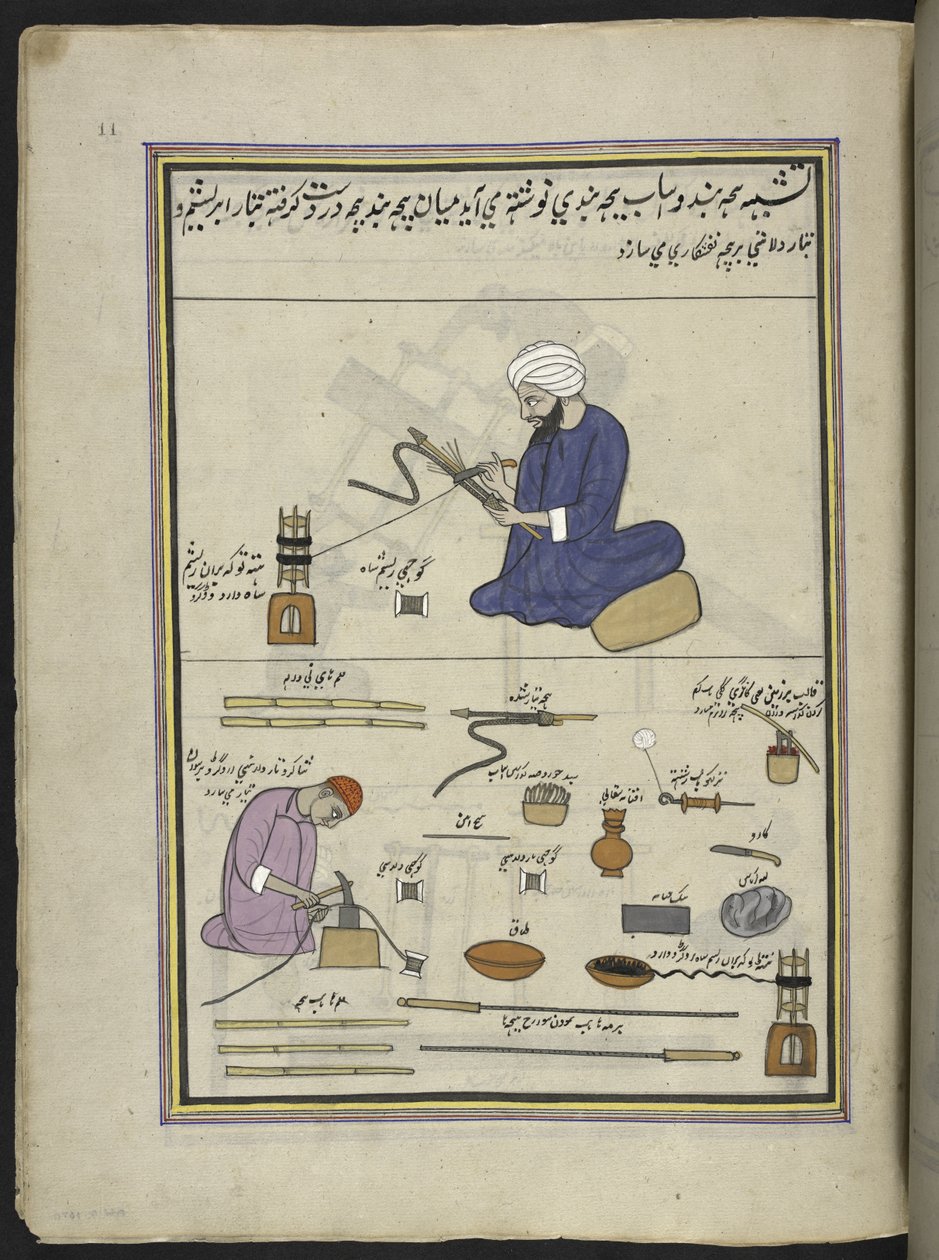 Mænd, der dækker vandpibe-slanger med tråd og tråd,  86 tegninger indbundet i et bind, der viser håndværk og erhverv i Kashmir, håndværkere vises i arbejde med deres redskaber og udstyr,  Af en Kashmir-kunstner, sandsynligvis i Srinagar, ca. 1850-60 (gouac af Indian School