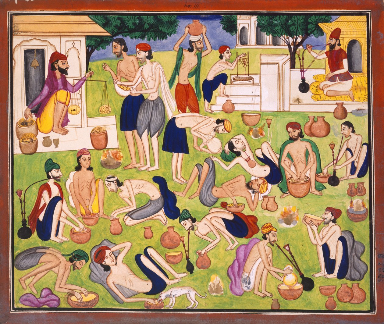 Mænd, der ryger opium, sidder eller ligger på jorden, ca. 1870 (akvarel på papir) af Indian School