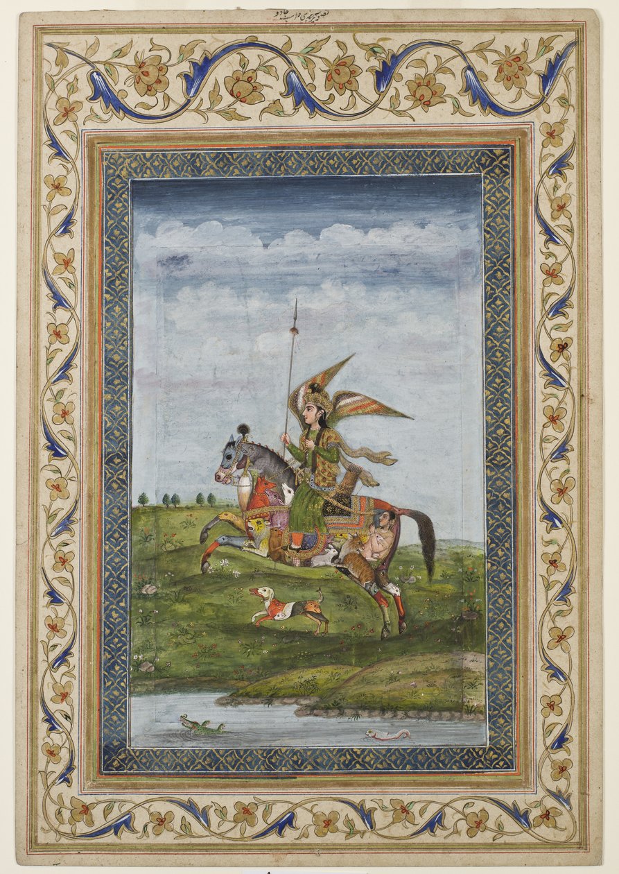Miniature, der viser en scene af en bevinget skikkelse på en hest, sandsynligvis Delhi-skole, Mughal, indisk, tidligt i det 19. århundrede (akvarel og forgyldning på papir) af Indian School
