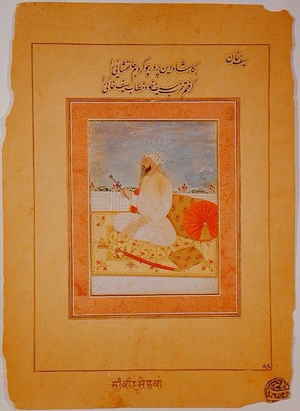 Miniature af Saif Khan, guvernør i Agra, indisk, ca. 1670-80 (ugennemsigtige mineralske pigmenter på brunfarvet papir) af Indian School