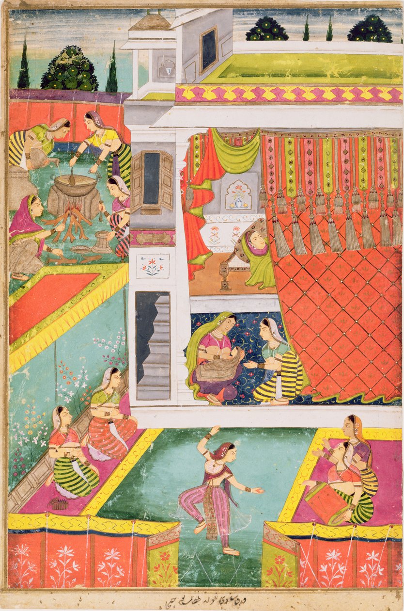 Miniaturemaleri, der fejrer fødslen af et barn, muligvis Aurangabad, Deccan (ugennemsigtige mineralfarver på brunpapir) af Indian School