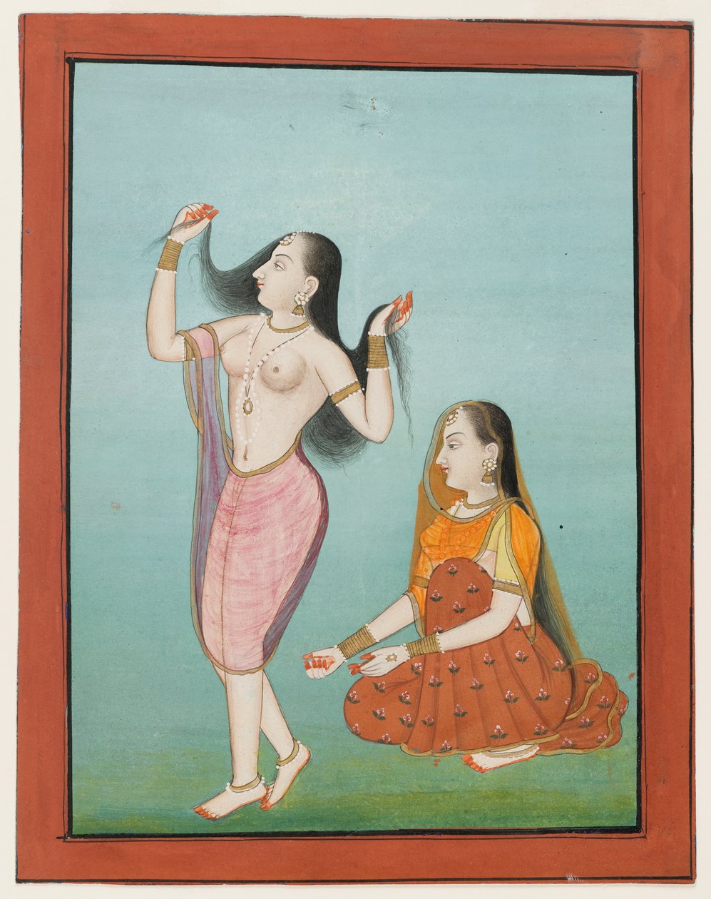 Miniaturemaleri af en dame ved hendes toilet (ugennemsigtigt toilet og guld på papir) af Indian School