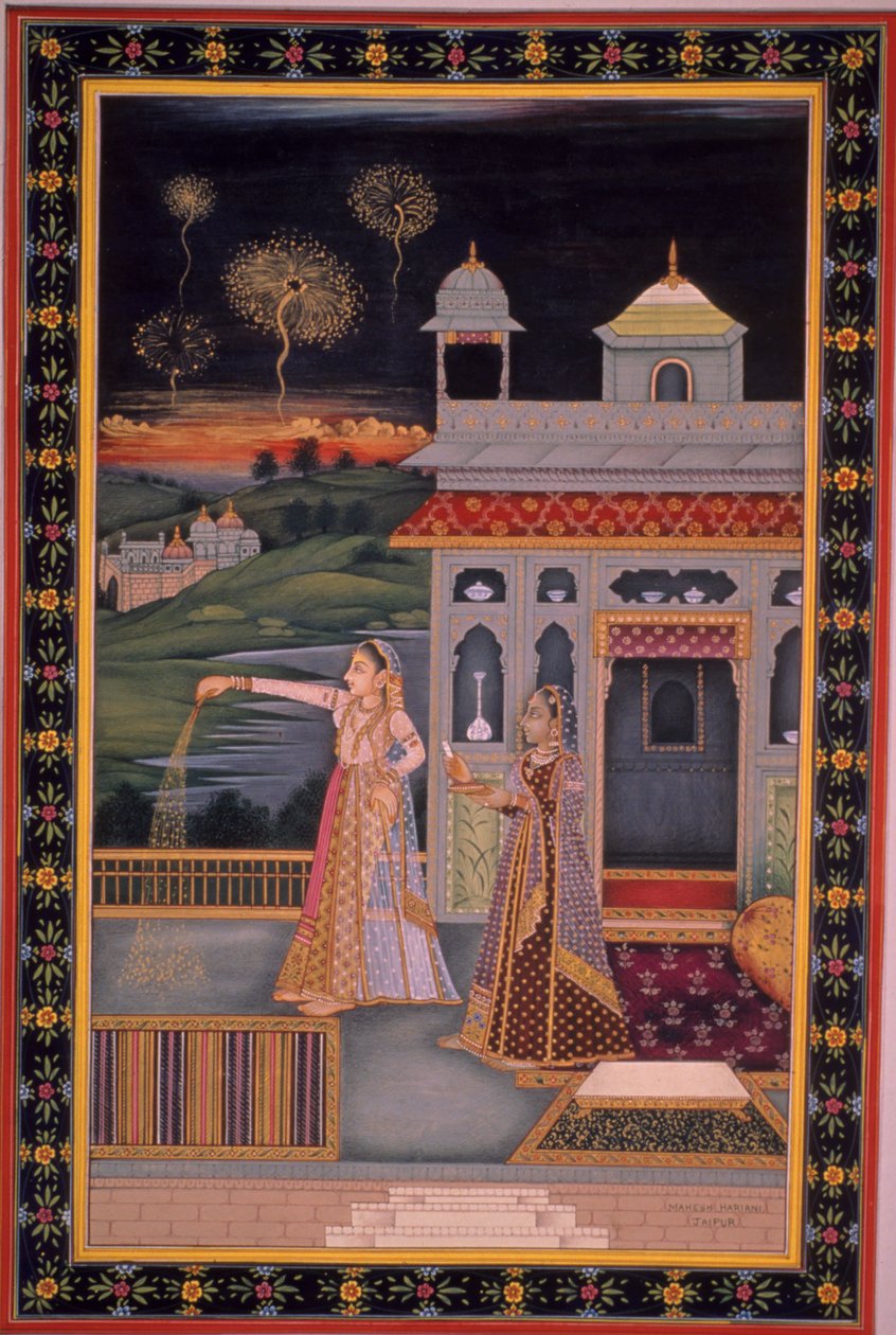 Miniaturemaleri af dame, der fejrer Diwali-festivalen, Indien (akvarel på papir) af Indian School