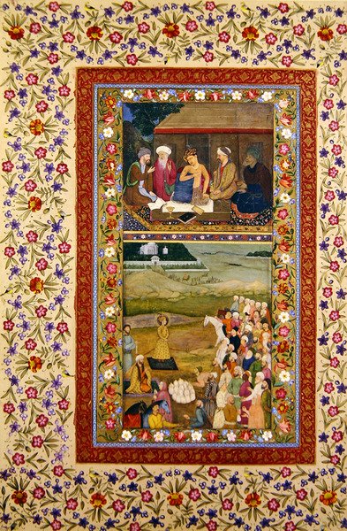 Fru E-14 Ung mand med sine lærere og hyldest til en lineal, miniaturer fra et Muraqqa-album (gouache og bladguld på papir) af Indian School