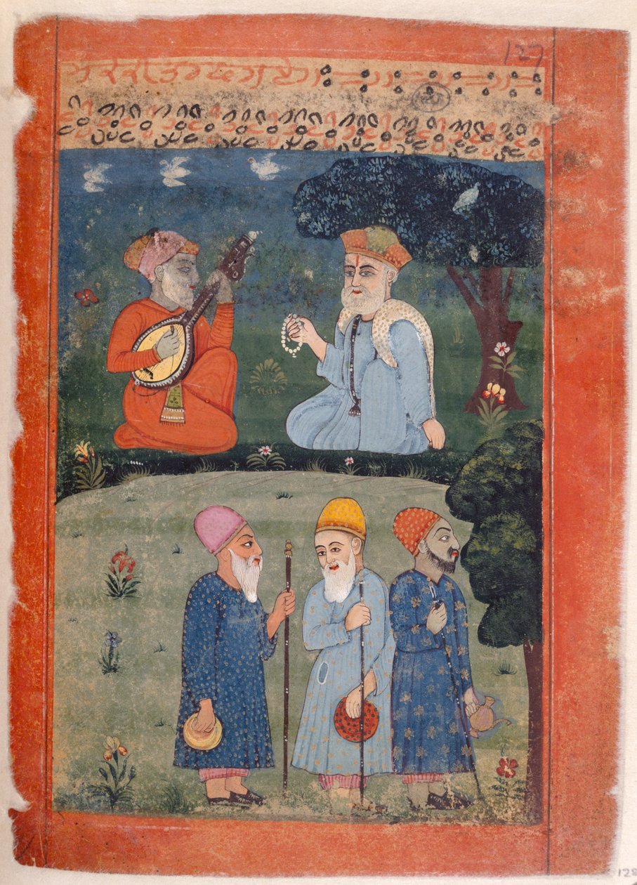 Fru Panj. B.40, f.128 Baba Nanak, Mardana og Fakirs, illustration fra 
