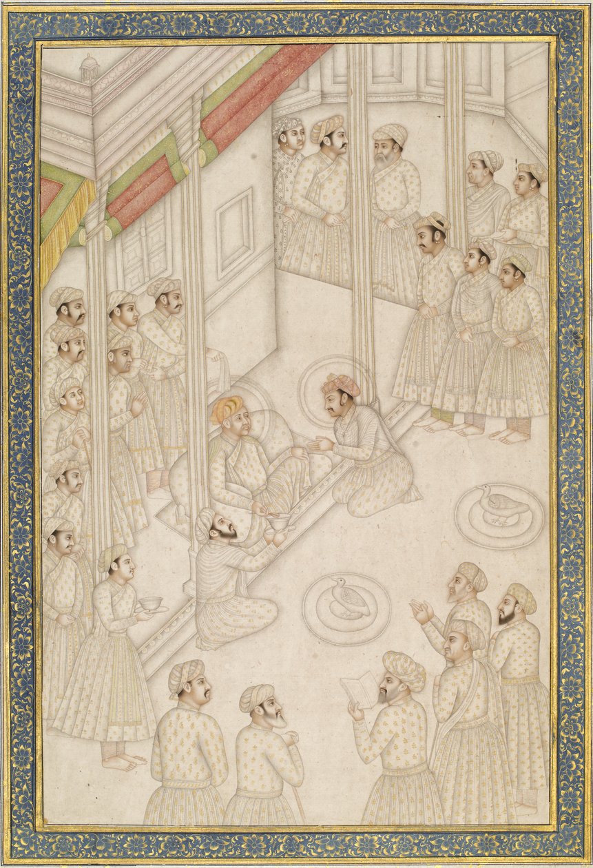 Mughal-kejser Akbar holder domstol under hans sidste sygdom, midten af 1700-tallet (albumblad; pigment med guld på poleret papir) af Indian School