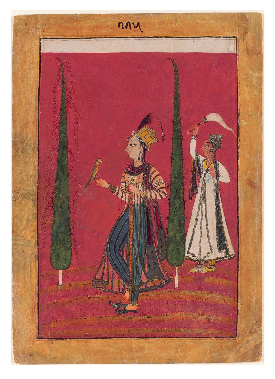 Mughal Princess in a Garden, ca. 1700 (ugennemsigtigt wc, guld og sølv på papir) af Indian School