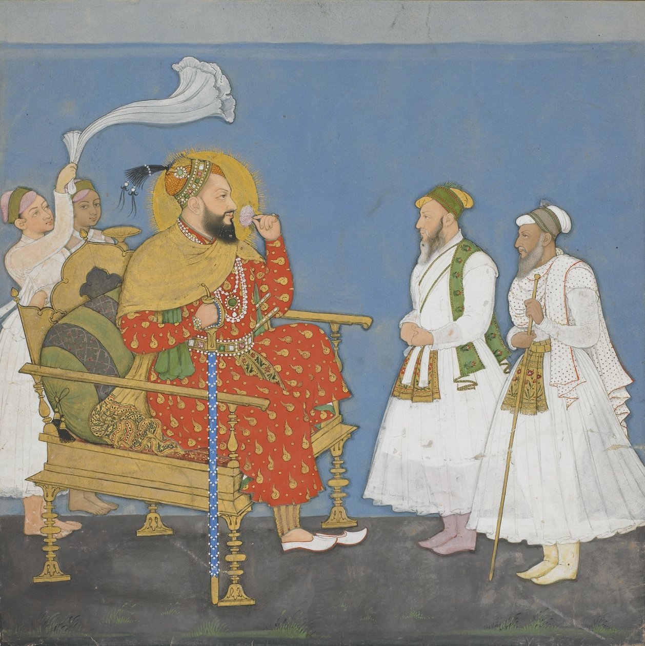 Muhammad Adil Shah II med hoffolk og ledsagere (ugennemsigtigt wc & guld på papir) af Indian School